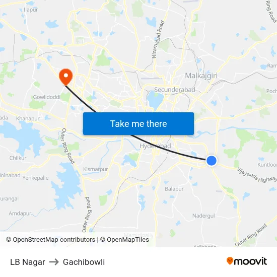 LB Nagar to Gachibowli map