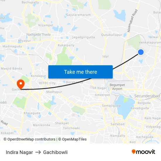 Indira Nagar to Gachibowli map