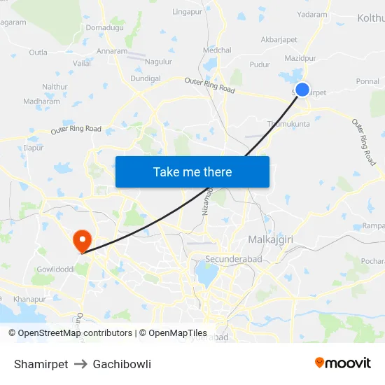 Shamirpet to Gachibowli map