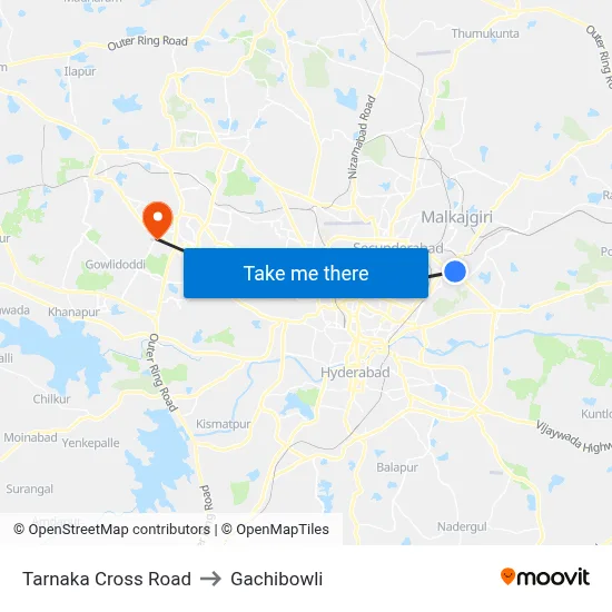 Tarnaka Cross Road to Gachibowli map