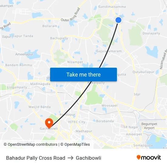 Bahadur Pally Cross Road to Gachibowli map