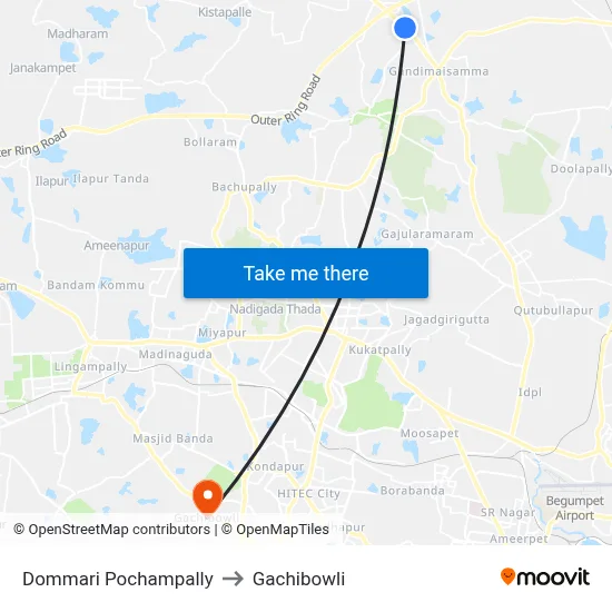 Dommari Pochampally to Gachibowli map