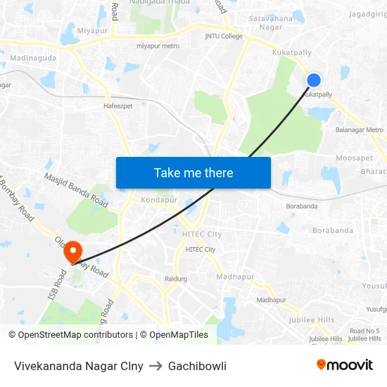 Vivekananda Nagar Clny to Gachibowli map