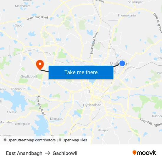 East Anandbagh to Gachibowli map