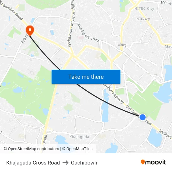 Khajaguda Cross Road to Gachibowli map