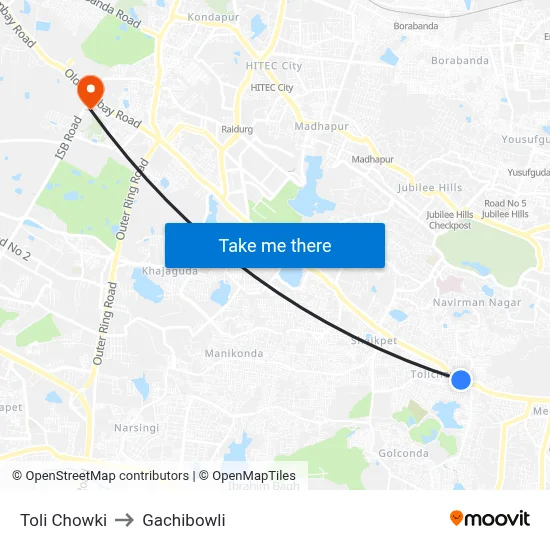 Toli Chowki to Gachibowli map