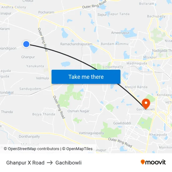 Ghanpur X Road to Gachibowli map
