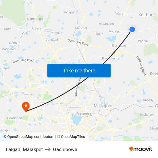 Lalgadi Malakpet to Gachibowli map