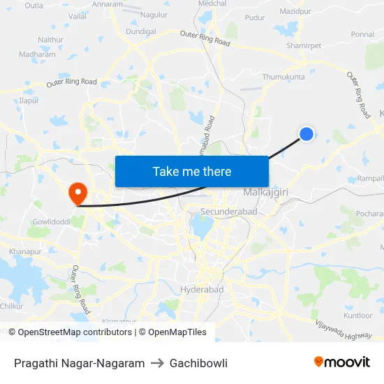 Pragathi Nagar-Nagaram to Gachibowli map