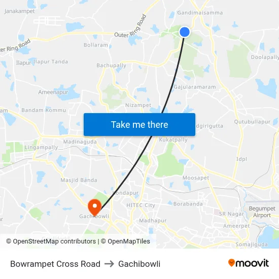 Bowrampet X Road to Gachibowli map