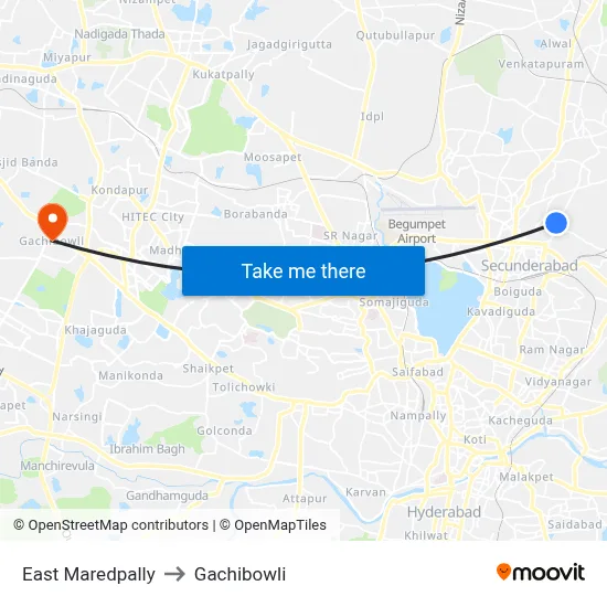 East Maredpally to Gachibowli map
