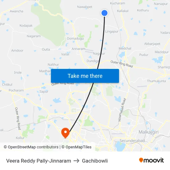 Veera Reddy Pally-Jinnaram to Gachibowli map