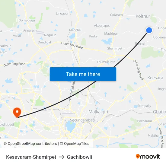 Kesavaram-Shamirpet to Gachibowli map