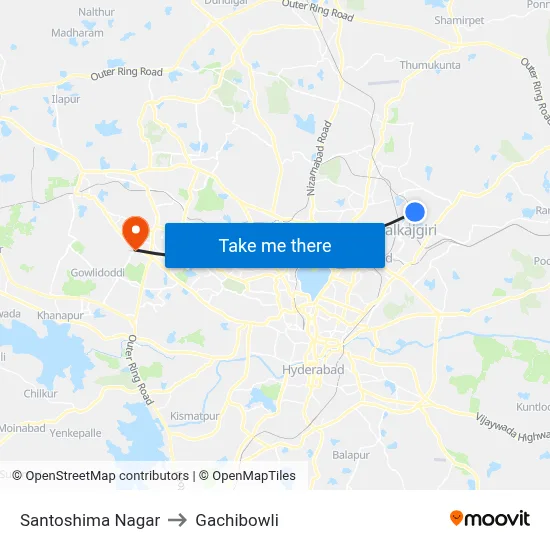 Santoshima Nagar to Gachibowli map