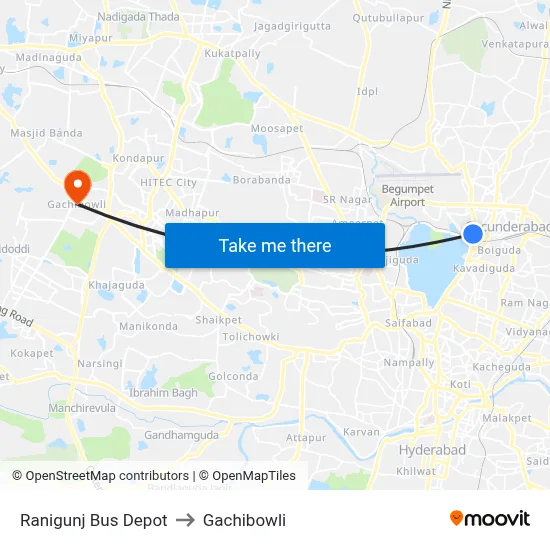 Ranigunj Bus Depot to Gachibowli map