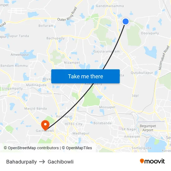 Bahadurpally to Gachibowli map