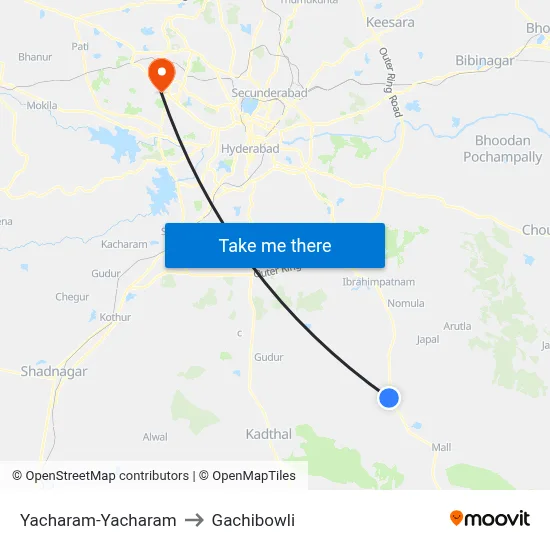 Yacharam-Yacharam to Gachibowli map