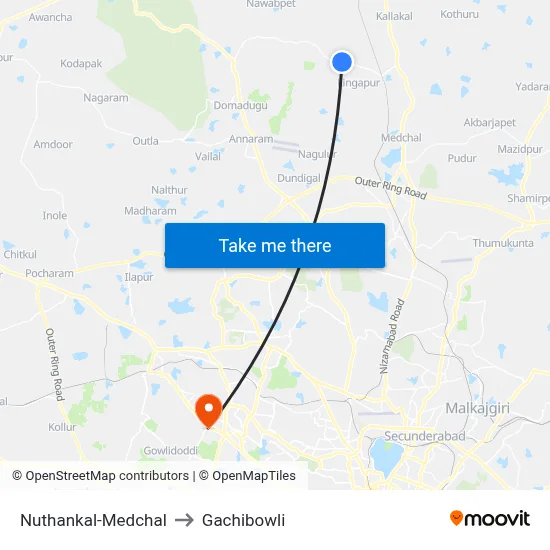 Nuthankal-Medchal to Gachibowli map