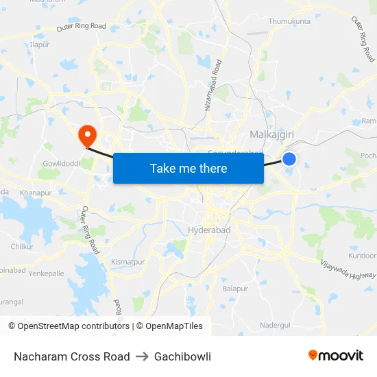 Nacharam Cross Road to Gachibowli map