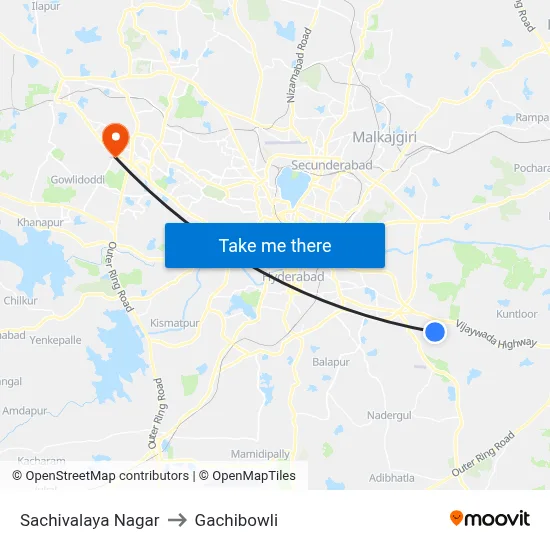 Sachivalaya Nagar to Gachibowli map