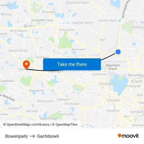 Bowenpally to Gachibowli map