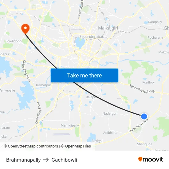 Brahmanapally Twd Hayathnagar to Gachibowli map