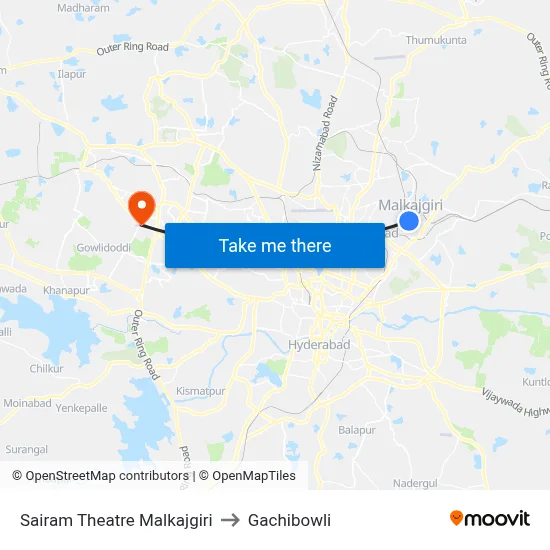 Sairam Theatre Malkajgiri to Gachibowli map