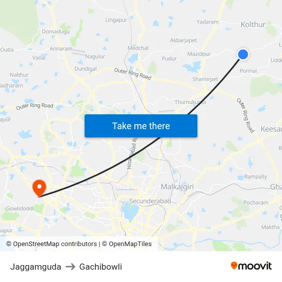 Jaggamguda to Gachibowli map