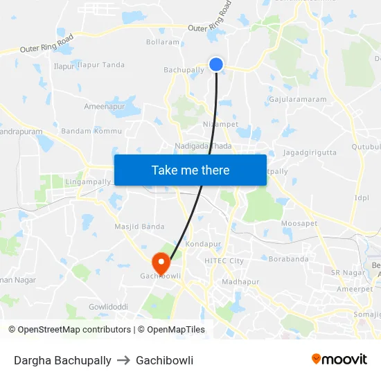 Dargha Bachupally to Gachibowli map