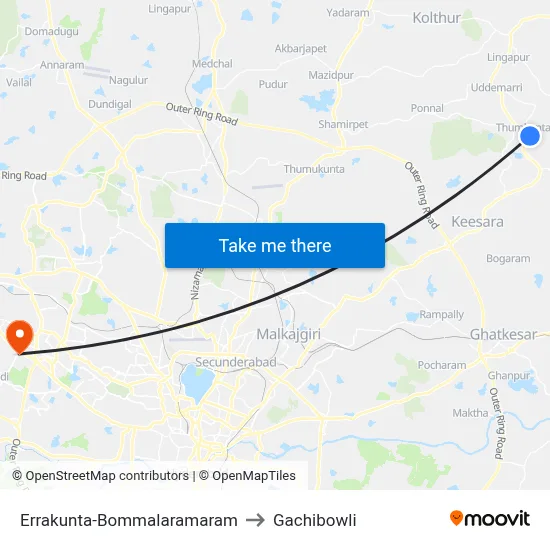 Errakunta-Bommalaramaram to Gachibowli map