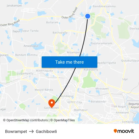 Bowrampet to Gachibowli map