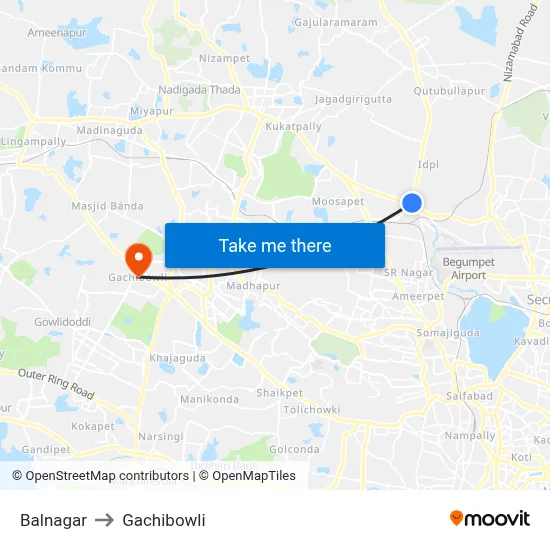 Balnagar to Gachibowli map