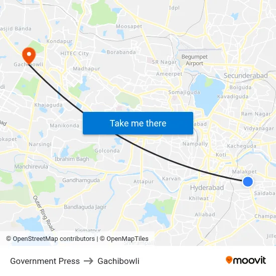 Government Press to Gachibowli map