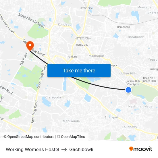 Working Womens Hostel to Gachibowli map