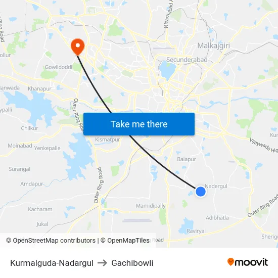 Kurmalguda-Nadargul to Gachibowli map