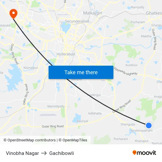Vinoba Nagar Twd Choutupal to Gachibowli map