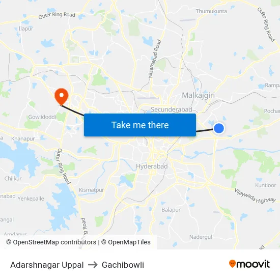 Adarshnagar Uppal to Gachibowli map