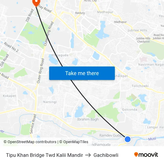 Tipu Khan Bridge Twd Kalii Mandir to Gachibowli map