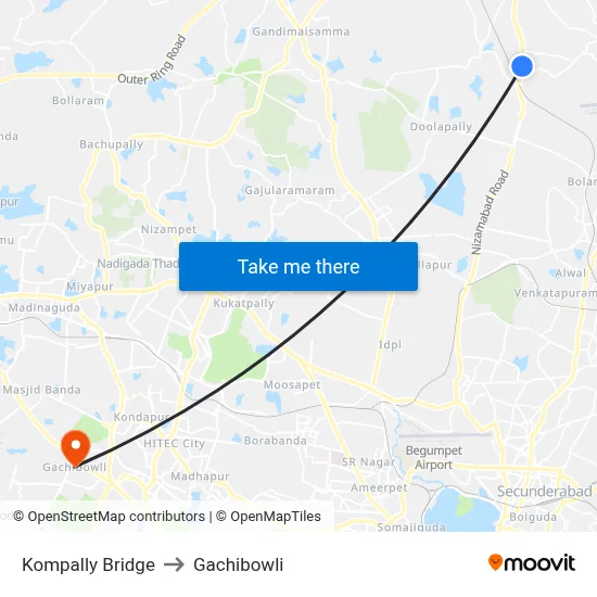 Kompally Bridge to Gachibowli map