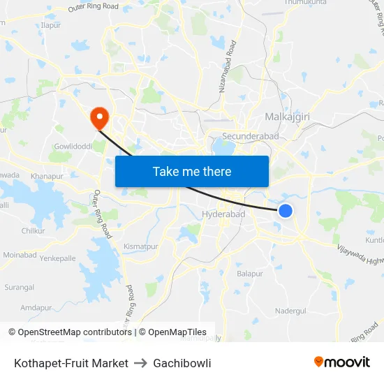 Kothapet-Fruit Market to Gachibowli map