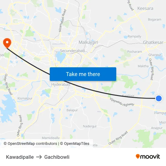 Kawadipalle to Gachibowli map