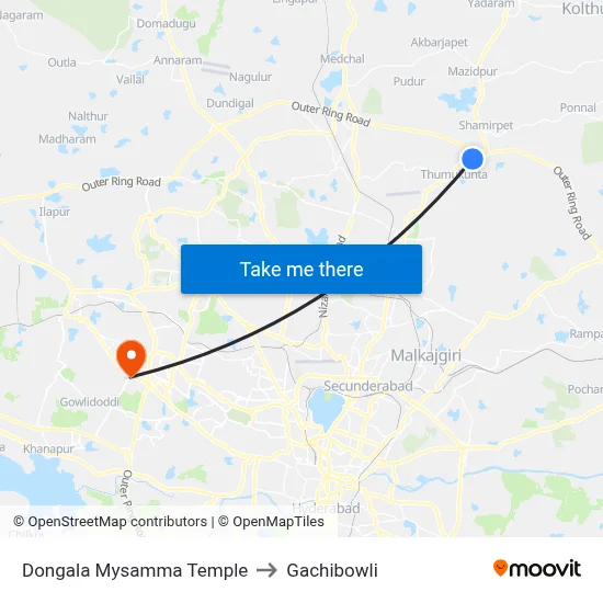 Dongala Mysamma Temple to Gachibowli map