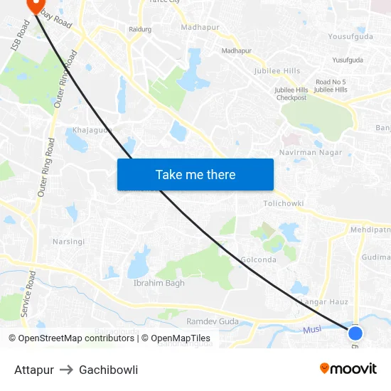Attapur to Gachibowli map