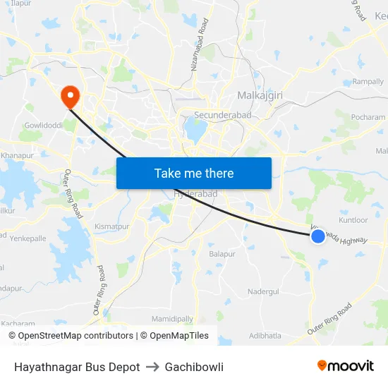 Hayathnagar Bus Depot to Gachibowli map