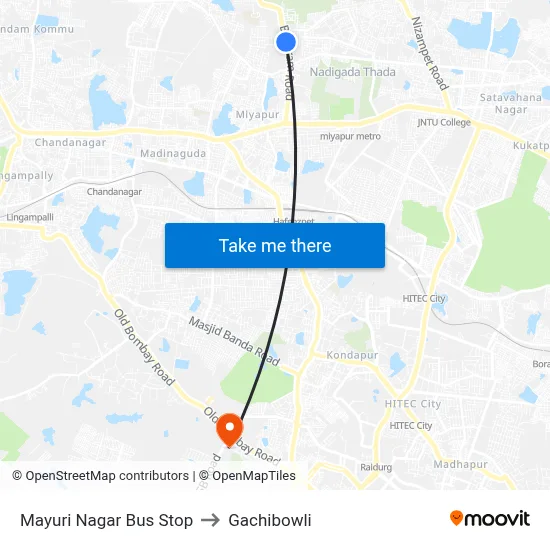 Mayuri Nagar Bus Stop to Gachibowli map