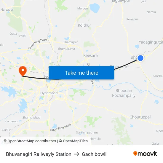 Bhuvanagiri Railwayly Station to Gachibowli map