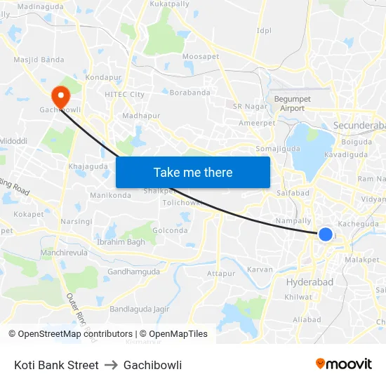 Koti Bank Strret Twd LB Nagar to Gachibowli map