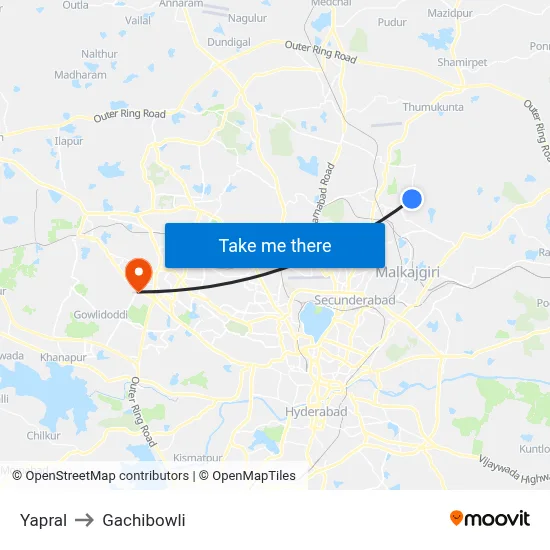 Yapral to Gachibowli map