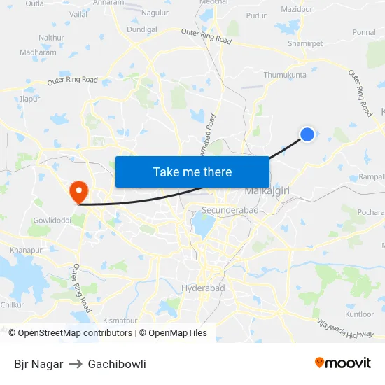 Bjr Nagar to Gachibowli map