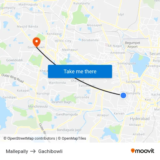 Mallepally to Gachibowli map